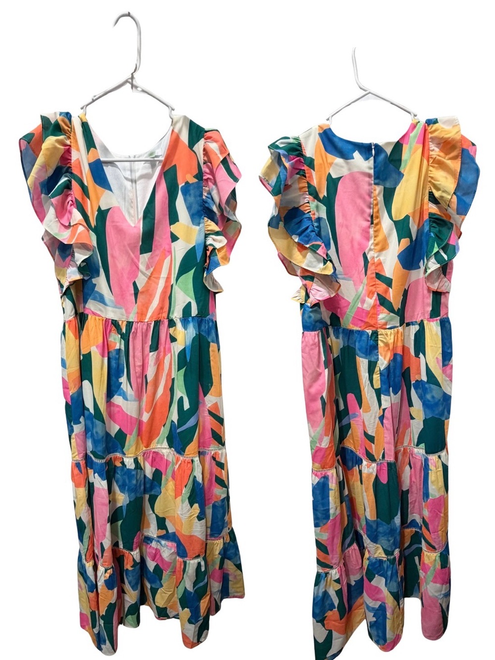 Jade Multicolor Abstract Ruffle-Tier Maxi Dress